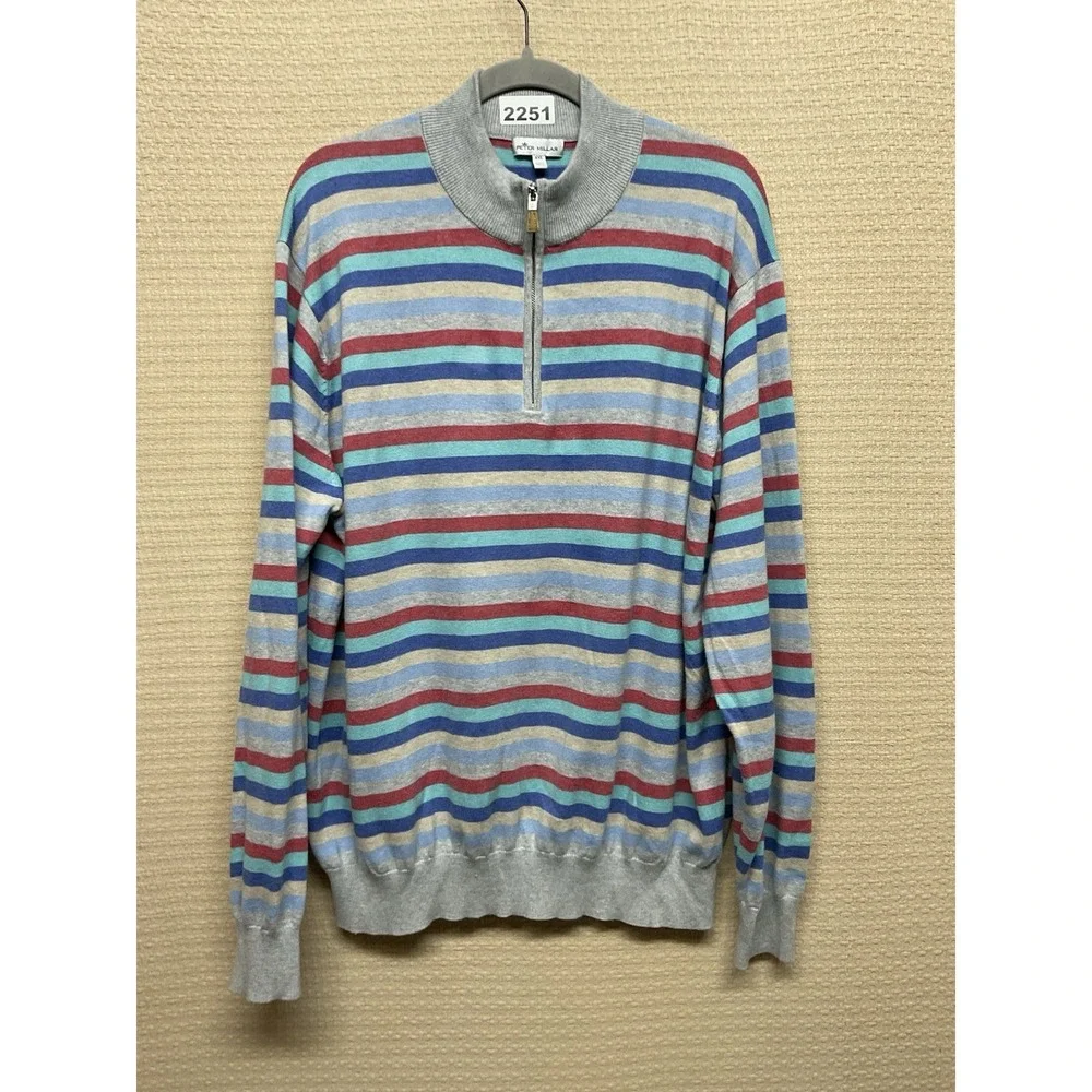 Peter Millar Pullover 2XL  Sweater Stripe Mock Neck 1/4 Zip Silk Cotton Cashmere